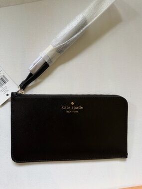 Lucy Black Saffiano Zip Wristlet with Gold Hardware